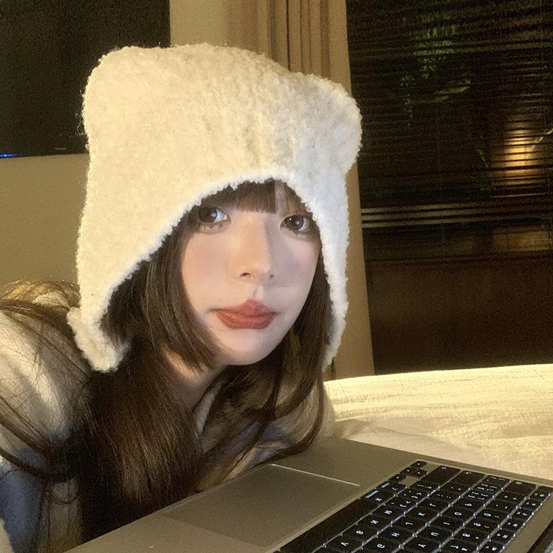 Süße Bärenwollmütze Damen Herbst und Winter Großer Kopfumfang Warme Ohrenschützer Mütze Vielseitige Gesichtsverkleinerung Kopf Gestrickte Mütze Trend