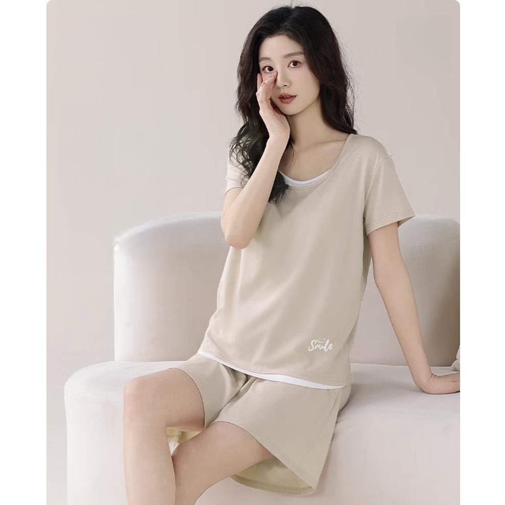 Langsha Women's Pajamas Spring Summer 100% Cotton Homewear with Built-in Bra, Wearable Outside, Short Sleeve and Shorts