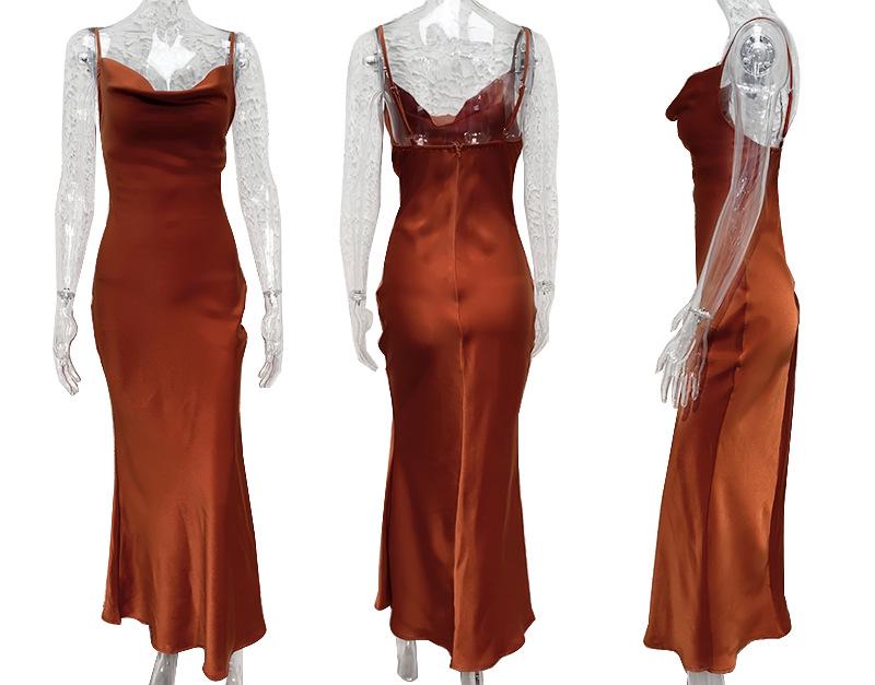Women's Urban Fashion Solid Color Dress with Deep V-neck, Slim Fit, and Spaghetti Straps for Spring/Summer 2024.