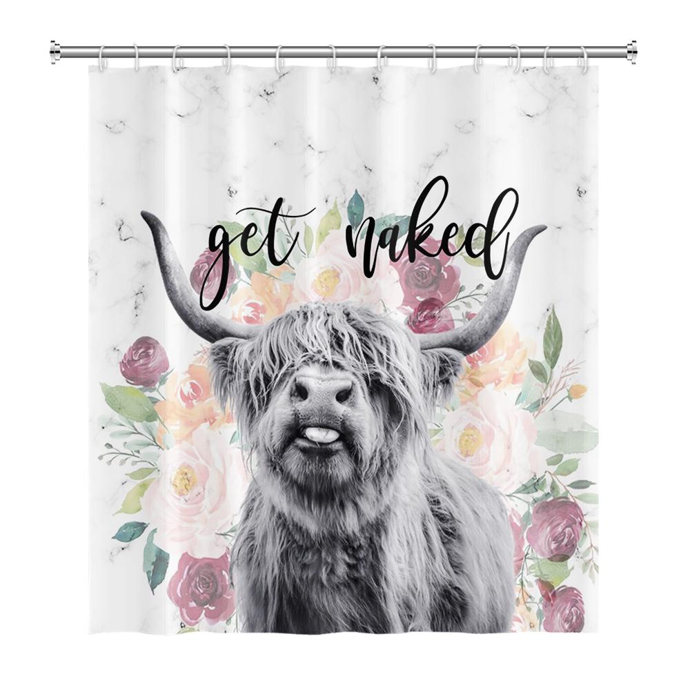Farmhouse Highland Cow Shower Curtain With Hooks Funny Bull Cattle Bull Floral Decor Country Style Bothroom Curtain