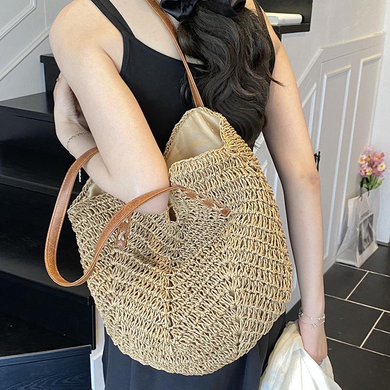 Straw Bag Women's New Seaside Vacation Beach Woven Bag Large Capacity Shoulder Bag Tote Straw Bag Vegetable Basket