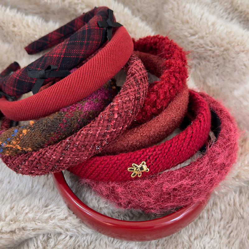 Rote Neujahrs-Stirnbänder Herbst/Winter Retro Wollstrick Haarband für Frau Mädchen Temperament Haarreif Weihnachtsaccessoires