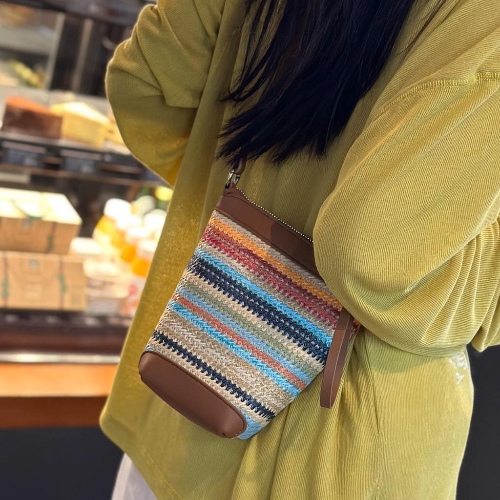 Summer popular raffia grass with cowhide woven bag niche fashion versatile shoulder messenger bag