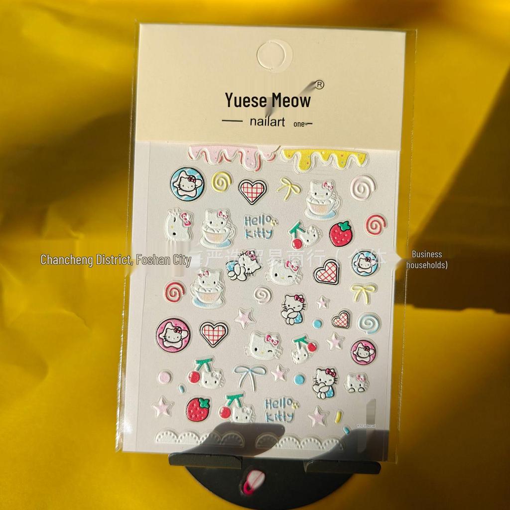 Hello Kitty 5D Embossed Nail Stickers - Cute Pink Cartoon Cat Design
