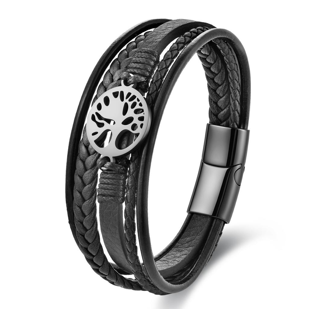 Black Leather Rope Cowhide Men's Double Layer Leather Braided Bracelet Wisdom Tree Layer Leather Bracelet