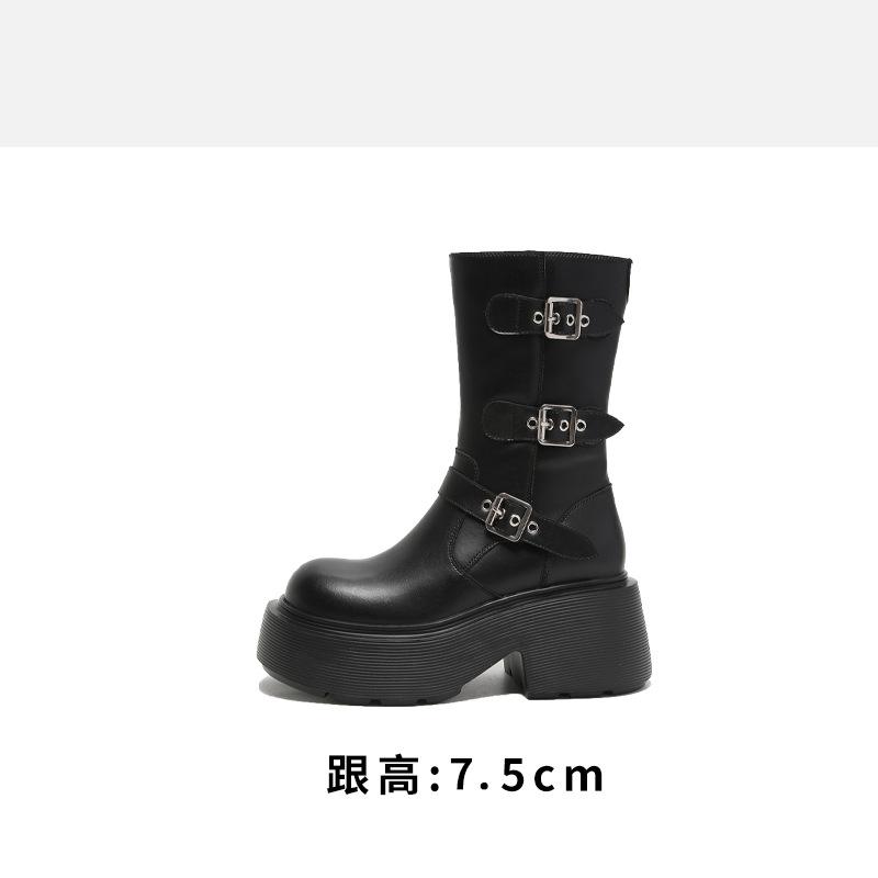 Height-increasing Thick-soled and Thin Medium Boots Women's 2025 Spring New Belt Buckle Fashion Boots Leather High-heeled Niche Short Boots