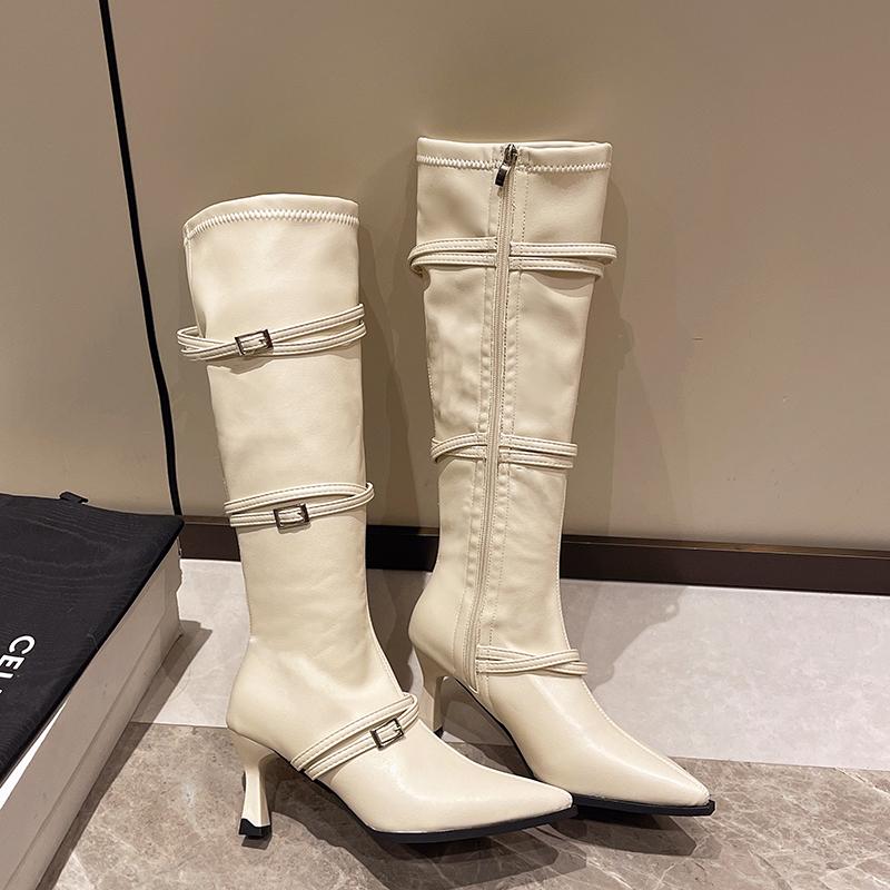 

Женские сапоги до колена на каблуках, сексуальные туфли с острым носком, тренд зимы 2025 года, новые элегантные ботинки челси, туфли-лодочки для прогулок на открытом воздухе Botas Mujer 40 белый