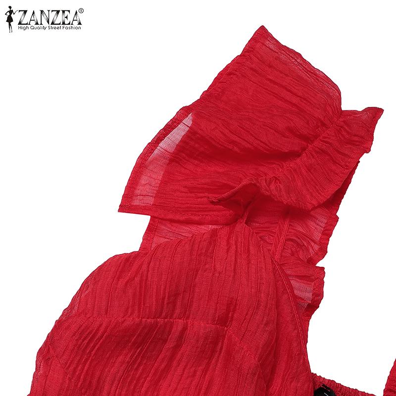 ZANZEA Summer Women Ruffled Sleeveless V Neck Layers Casual Holiday Pleated Dress Sundress
