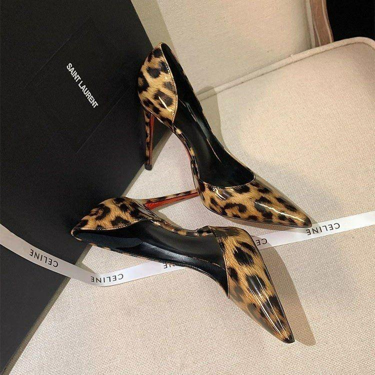 

Red-soled leopard print high heels 2025 summer new side air sexy pointed head shallow mouth nightclub royal sister temperament single shoes women 40