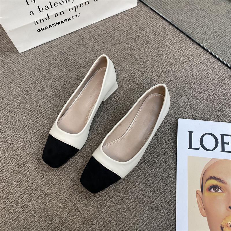2025 Spring New Color Matching Fashion Design Square Head Thick Heel Single Shoes Women's Versatile Medium and High Heel Commuter Work Shoes