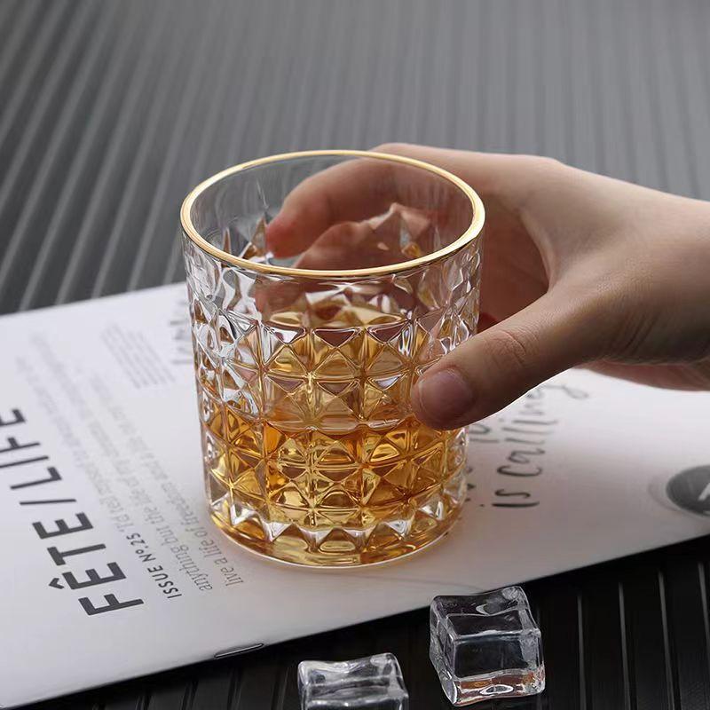 3/2/Pcs Embossed Glass Cup Coffee Mug Transparent Gold Rim Whisky Wine Glass Home Office Bar Milk Beer Juice Drinking Water Cups