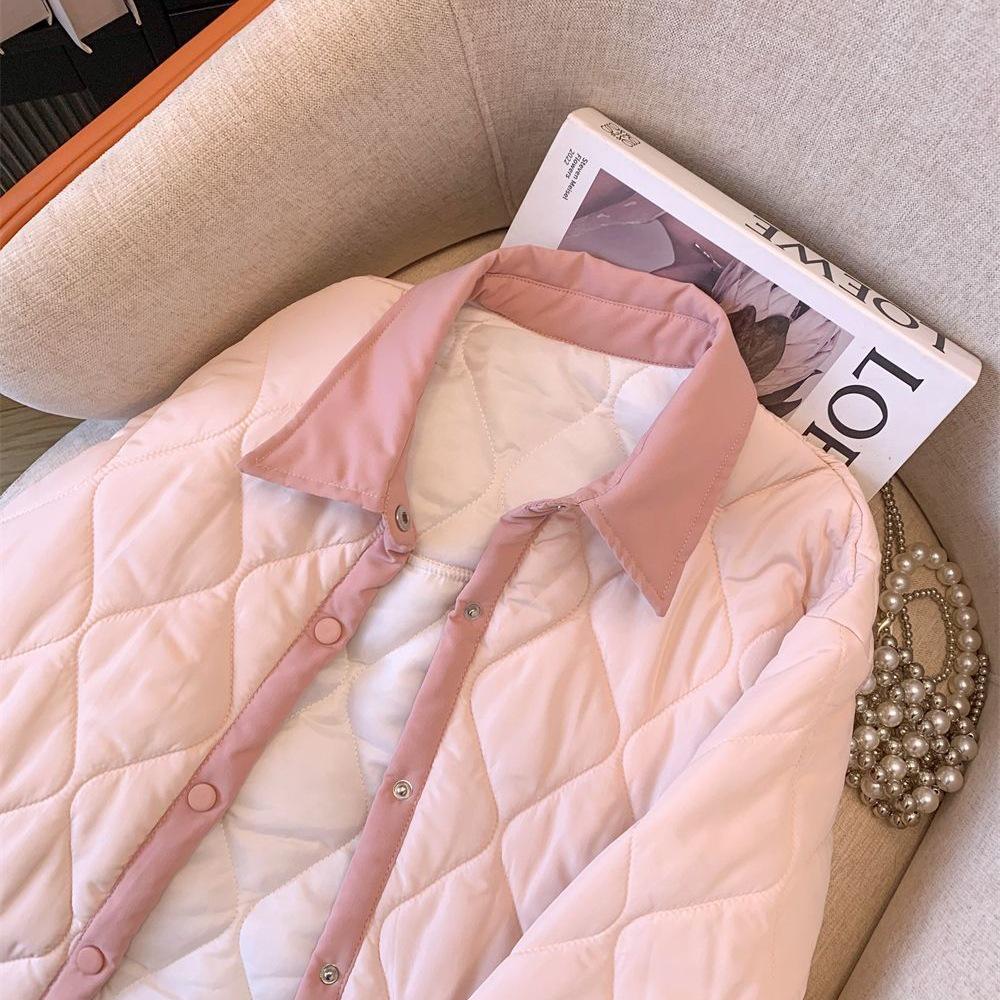 Korean-Style Women's Cotton Jacket: Gentle Wind, Lapel, Diamond Color Block, Warm, Short Outerwear for Autumn/Winter 2025