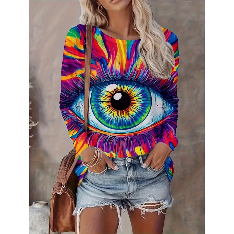 Abstract Tie-Dye 3D Digital Print Loose Fit Womens Crew Neck Long Sleeve T-Shirt Casual Comfort Top