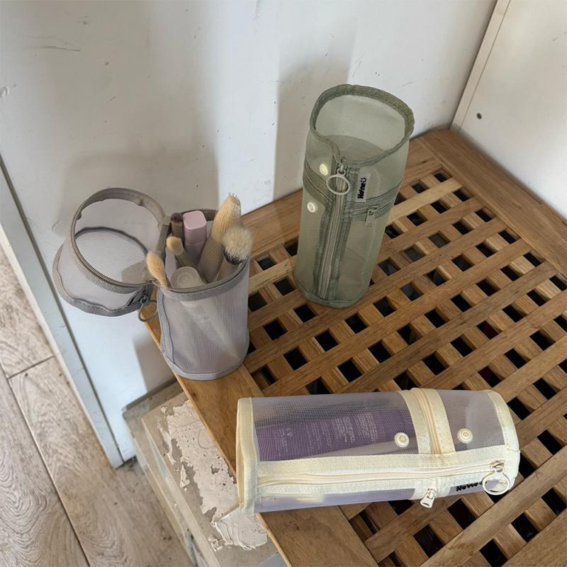 Mesh Dual-Use Makeup Brush Storage Bag Portable Brush Case Simple Large Capacity Brush Bucket Holder Travel Stand-Up Pouch