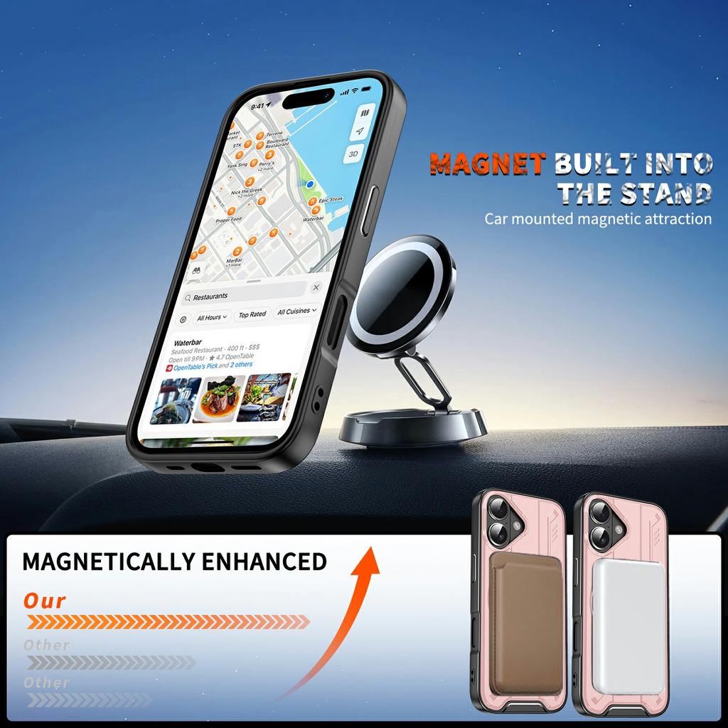 For iPhone 17 Case Compatible with MagSafe Rotating Ring Kickstand PC + TPU Shockproof Phone Cover