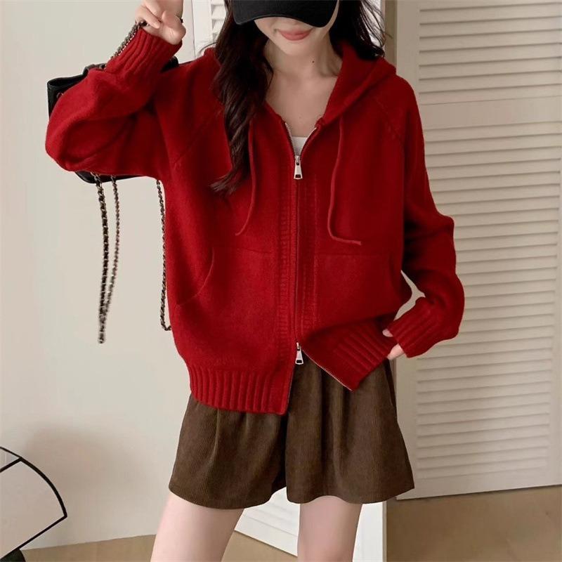 Drawstring Hooded Sweater Jacket Women's Autumn and Winter New Lazy Style Knitted Cardigan College Style Sweater