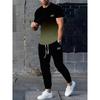 Herren-Sportoutfit, gestreiftes Kurzarm-T-Shirt und passende lange Hose, leicht dehnbarer Strickstoff mit Digitaldruck