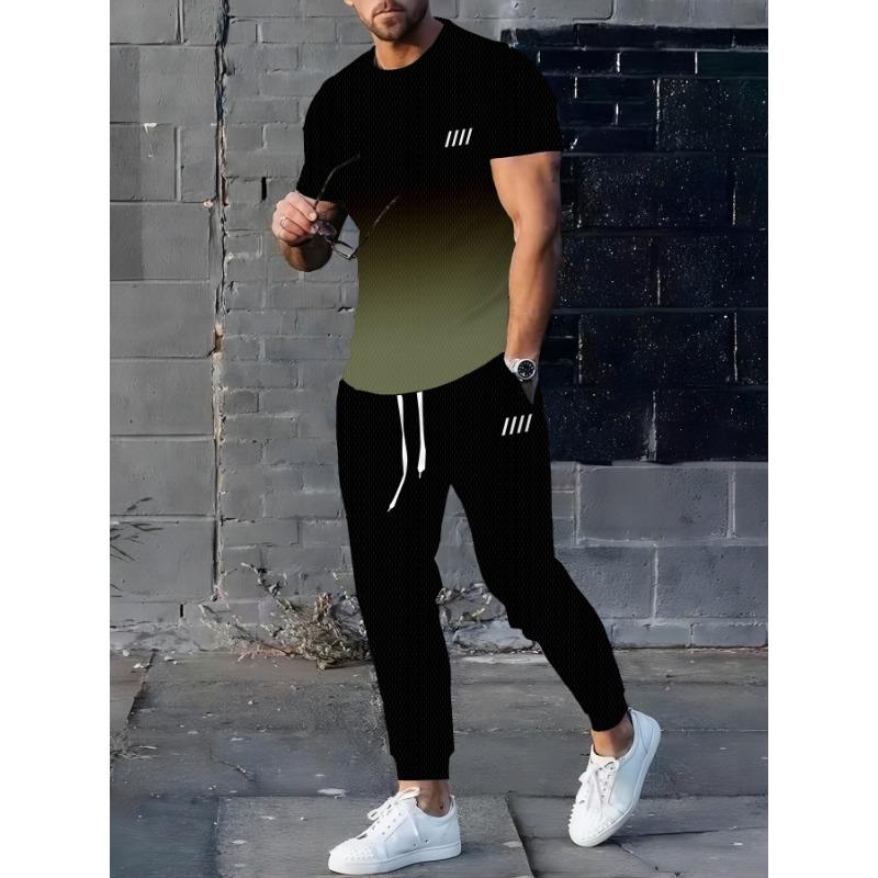 Herren-Sportoutfit, gestreiftes Kurzarm-T-Shirt und passende lange Hose, leicht dehnbarer Strickstoff mit Digitaldruck
