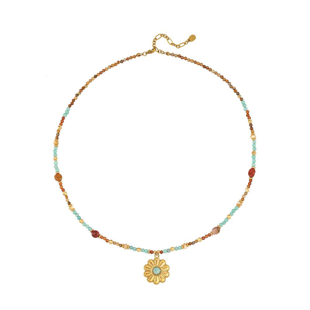 French Pastoral Duobao Natural Stone Necklace Women's Tianhe Stone Sun Flower Pendant Bohemian Holiday Long Clavicle Chain