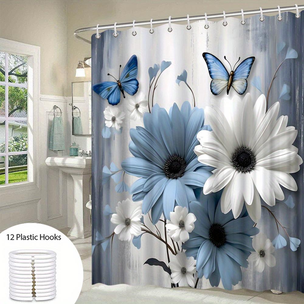 1Pc Blue And White Floral Butterfly Shower Curtain - Elegant Nature Design With Vivid Blossoms And Muted Gray Background