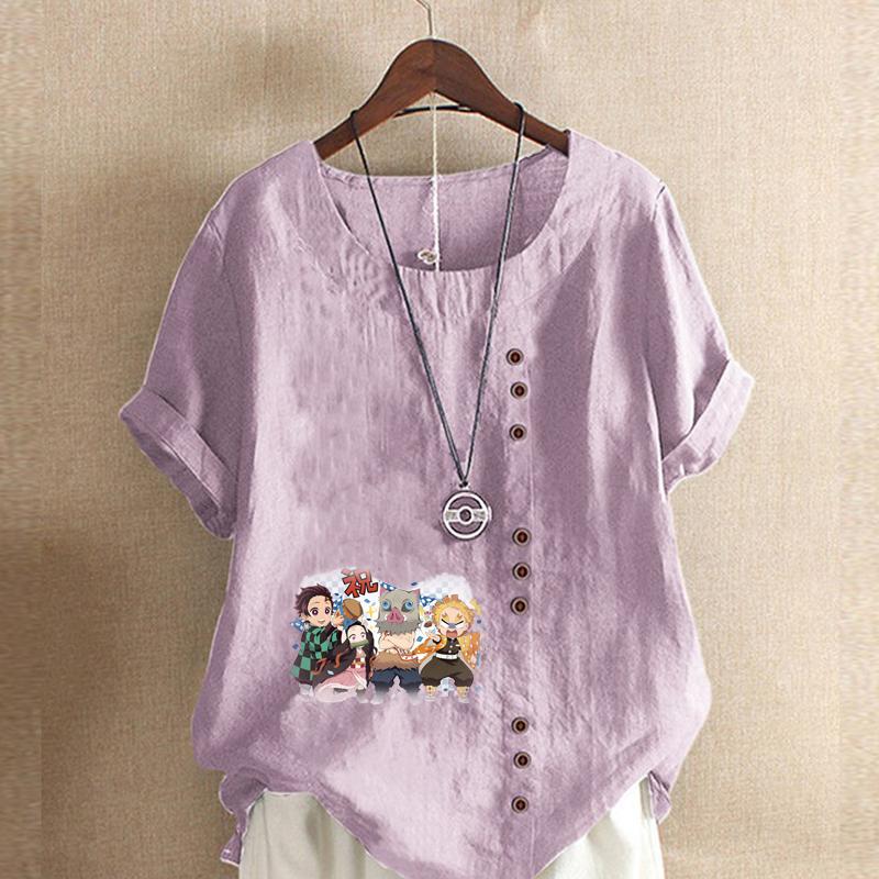 Women's Fashion Round Neck Short Sleeve T-shirt Casual Cotton Linen Graphic Shirt Leisure Loose Cartoon Characters Prined Summer Blouse Tops