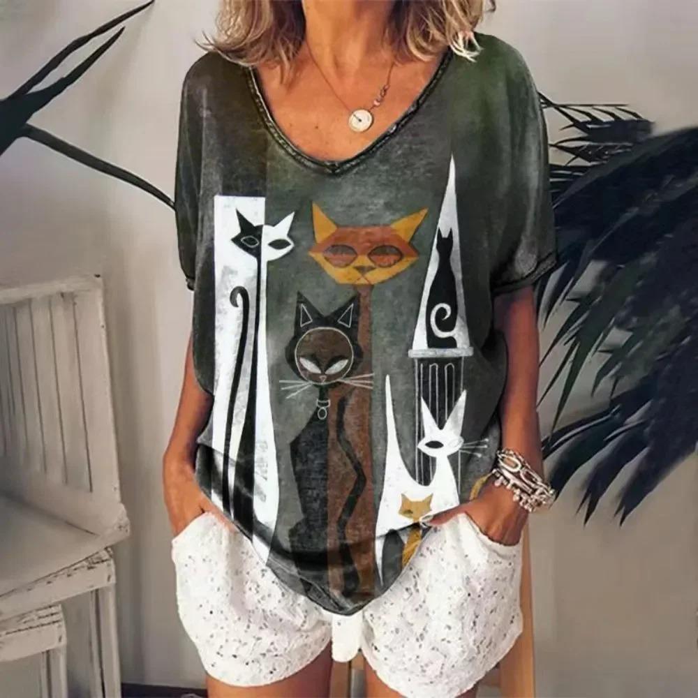 Retro frauen T Shirt Anime Katze Grafik Mädchen Kleidung Sommer V-ausschnitt Kurzarm Tees Weibliche Harajuku Streetwear Übergroße Bluse