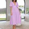 Puff Sleeve Vacation Dress For Women Summer  Deep V Neck Casual Short Sleeve A-Line Maxi Dresses