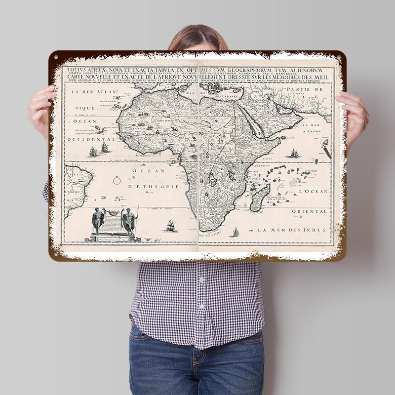 Antique Map of Africa Printed Poster Customized Wall Art Retro Vintage Metal Tin Signs for Bedroom Decoration Room Accessories