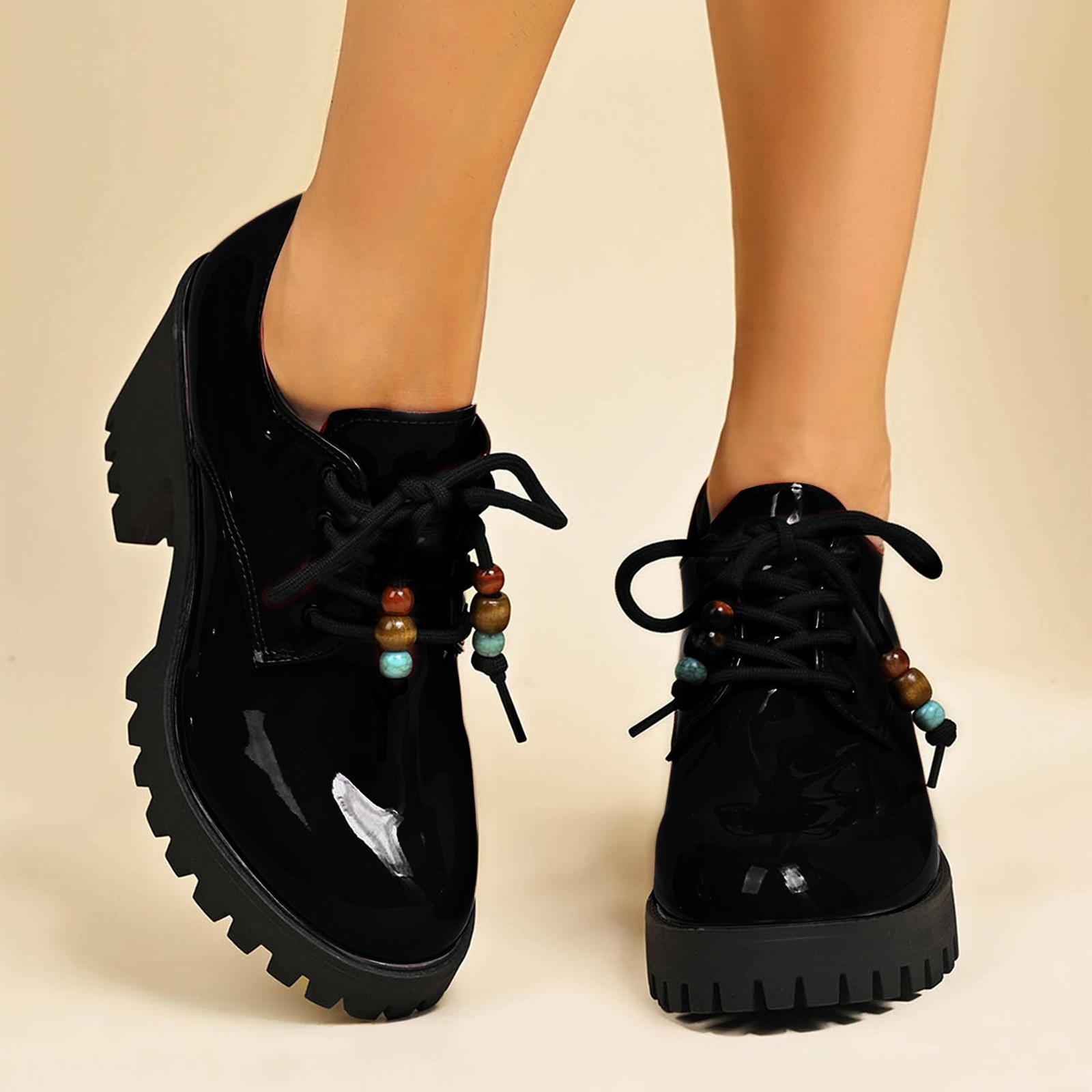 

Women s British Leather Shoes Height Increasing Versatile Beaded Platform Loafers Ankle Boots Women Boots Low Heel 36 чорний