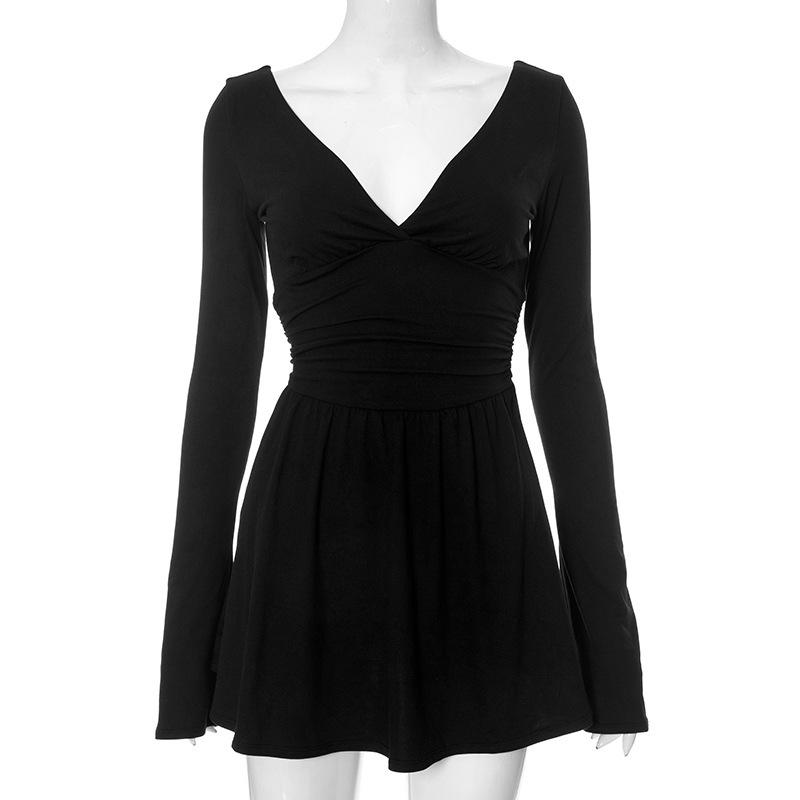 

Европейские и американские женские весенне-осенние сексуальные однотонные платья с открытой спиной и длинными рукавами, V-образным вырезом и поясом, пикантное платье для девочек L