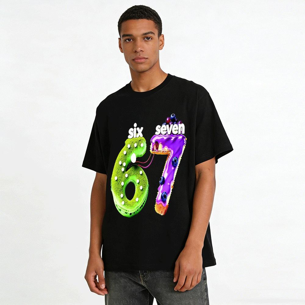 Cute Number 67 Cake Print Casual Short Sleeve Top For Adults Kids Pure Cotton T-shirt