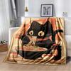 Retro Manga Style Black Cat Eating Ramen Print Flannel Blanket, Vintage Anime Throw Blanket