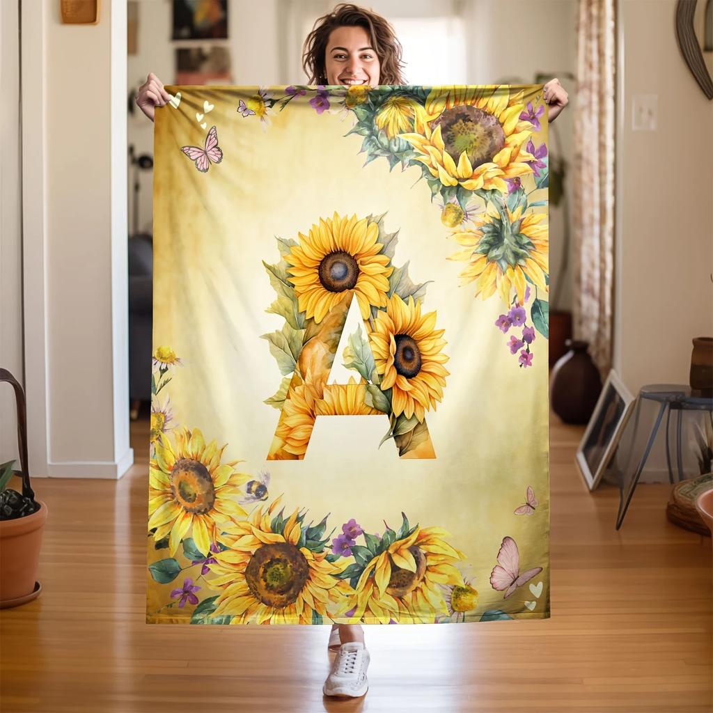 Sunflower Monogram Fleece Throw Blanket Soft Cozy Personalized Gift Unique Home Decor for Sunflower Lovers with Initials