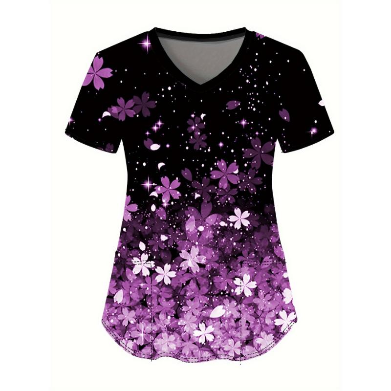 

Медицинская форма женская рабочая одежда топ-скраб V-образный вырез с двумя карманами с цветочным принтом с коротким рукавом медицинская униформа блуза 4XL