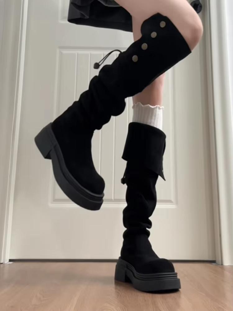 Winter Plateau Damen Oberschenkelhohe Stiefel Mode Slipper Lange Stiefeletten Vintage Prägnante Dicke Absatzschuhe