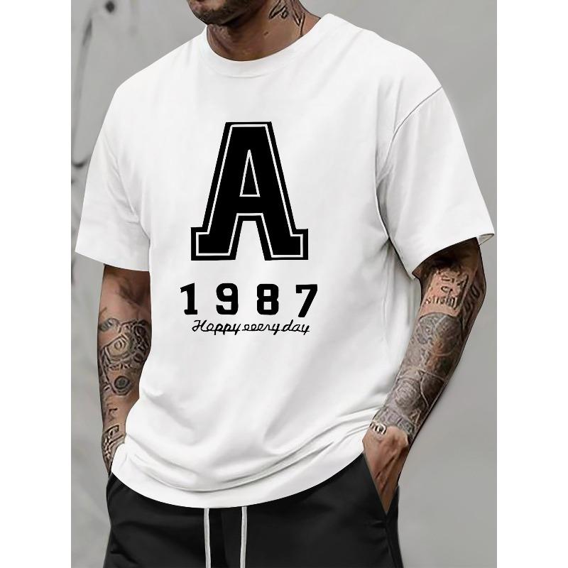 European Size Letter A and 1987 Text Print American Trendy Brand Design Graffiti Letter Print Short Sleeve T-Shirt High Street Couple Top S