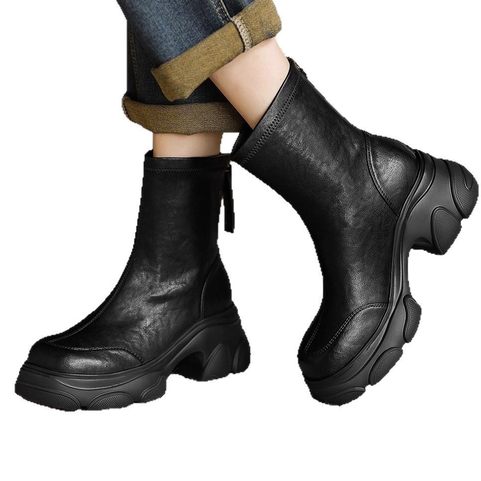 Huge Light~ Handmade Meow Claw Boots Skinny Short Boots New Elastic Boots Thick-soled Martin Boots Leather Rear Zipper Fashion Boots