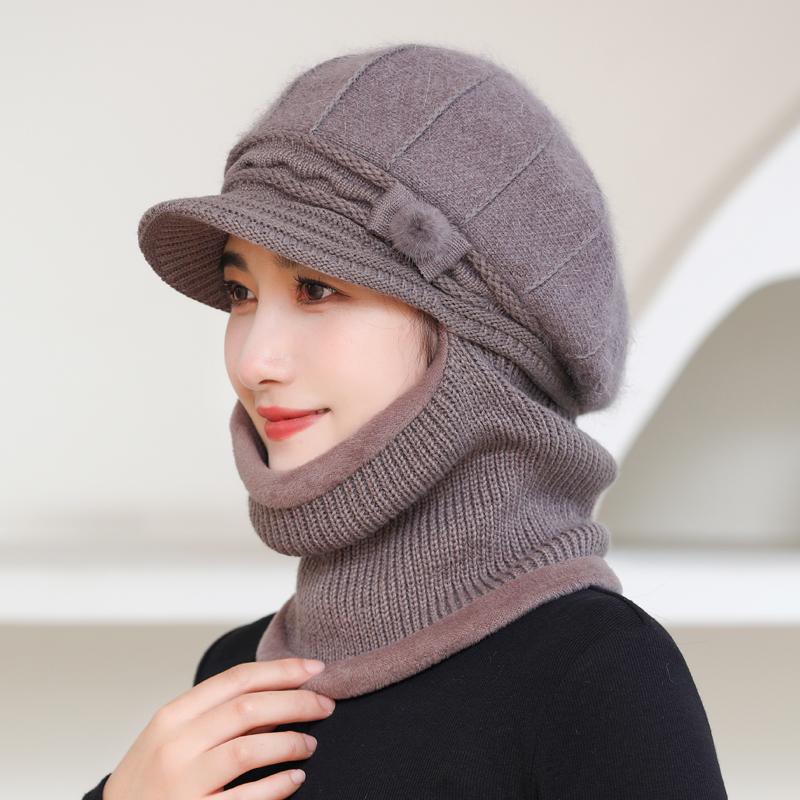 Women'S Rabbit Fur Winter Hat Scarf Combo Windproof Ear Protection For Mothers Thickened Knitted Beanie For Outdoor Riding Gift