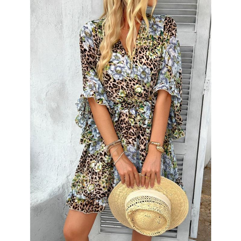 Vacation Casual Printed Lace Up Chiffon Dress