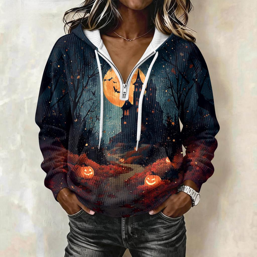 Women's Long Sleeve Halloween Print Pullover Hoodie with Drawstring Hood