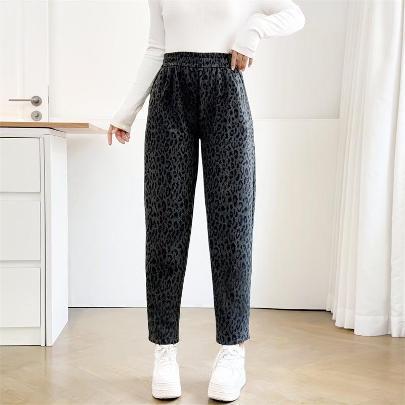 2025 Plus Size Velvet Leopard Print High Waist Carrot Pants for Women 2XL