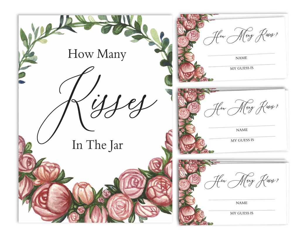 Inkdotpot 1 Sign + 30 Cards How Many Kisses in The Jar White Floral Bridal Shower Game