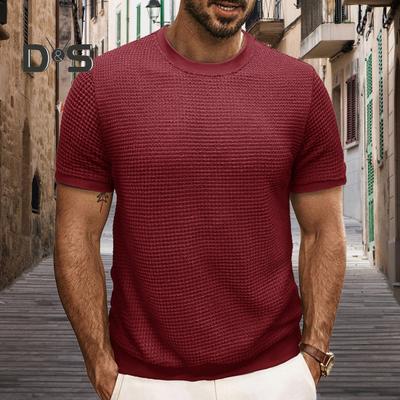 Summer Men Tops Knitted Round Neck Short Sleeves Solid Color Ribbed Elastic T-shirt Slim Fit Pullover Casual Daily Clothes