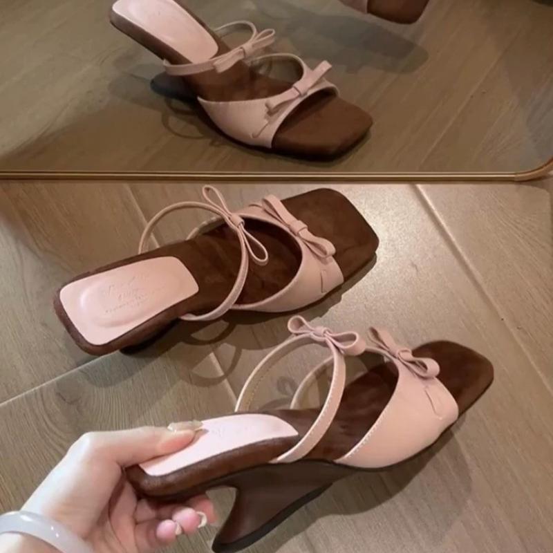 Slipper Mules Low High Heels Shoes Summer Best Street Look Females Square Head Open Toe Bow Strappy Sandals Women