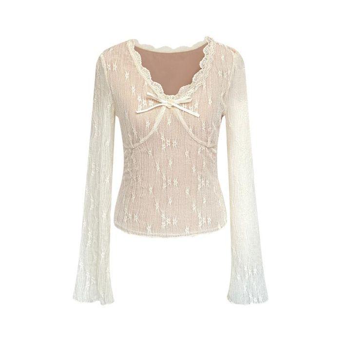 Women s Slim Fit Lace Collar Long Sleeve Fleece Top - Autumn/Winter Small