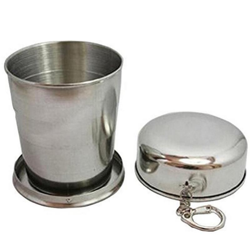 Cupă pliabilă din oțel inoxidabil cu breloc Cupe pliabile de camping, ceașcă pliabilă de călătorie în aer liber, cu capac, băuturi portabile