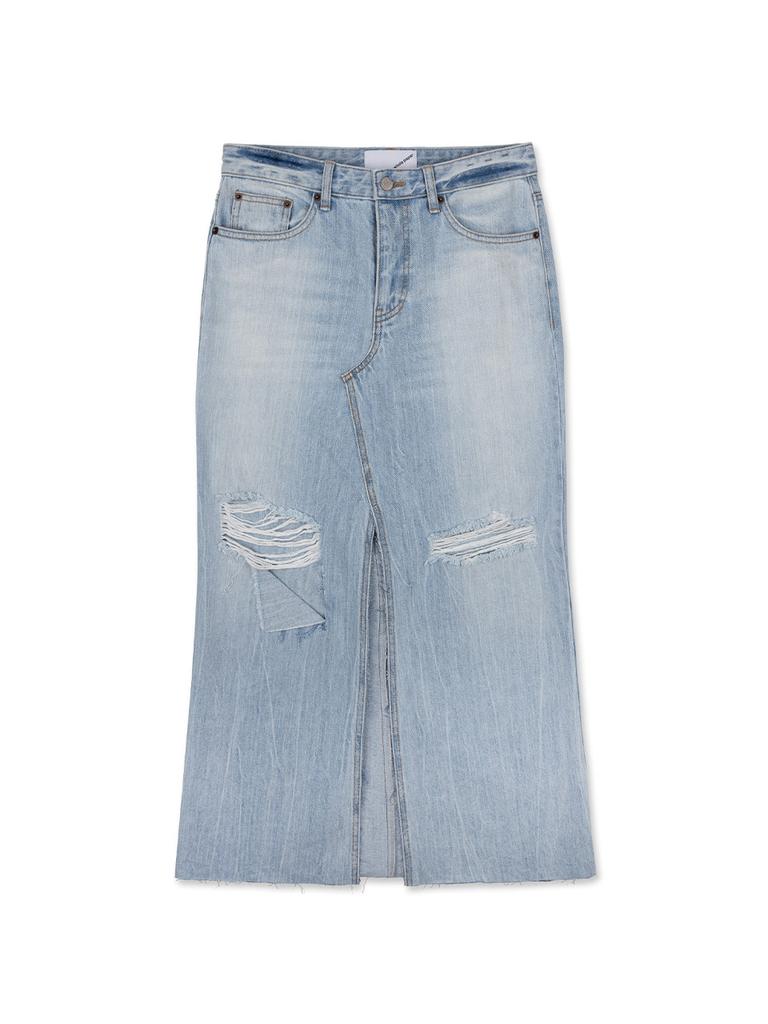 Holpeipeo Damaged Long Denim Skirt (Blue)
