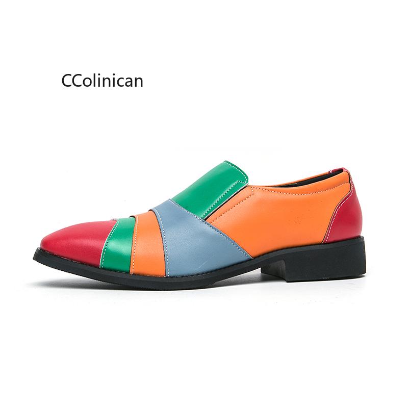Hot Street Fashion Men Designer Pointed Patent Leather Shoes Mix Color Patchwork Loafers Wedding Male Office Dress Casual