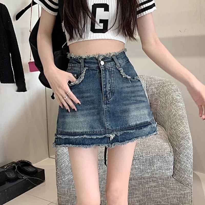 High Waist Denim Mini Skirt Women A-Line Slim Fit Distressed Edge Short Casual Chic 2025
