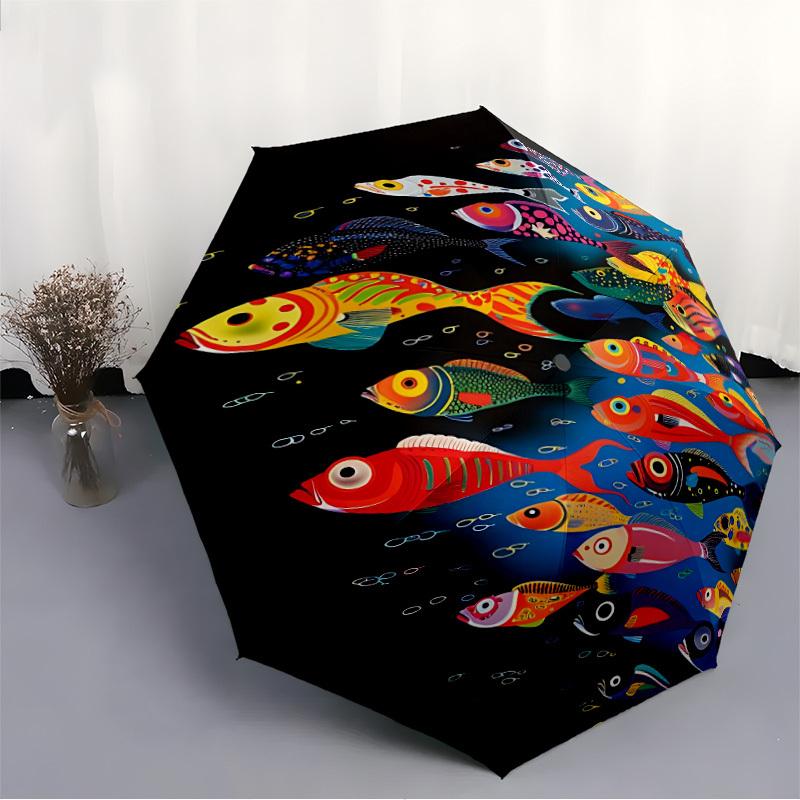 1pc Colorful Fish Automatic Folding Umbrella - Windproof Compact Travel Umbrella with Auto Open/Close, 8-Rib Heavy-Duty Shaft for Women/Men A002